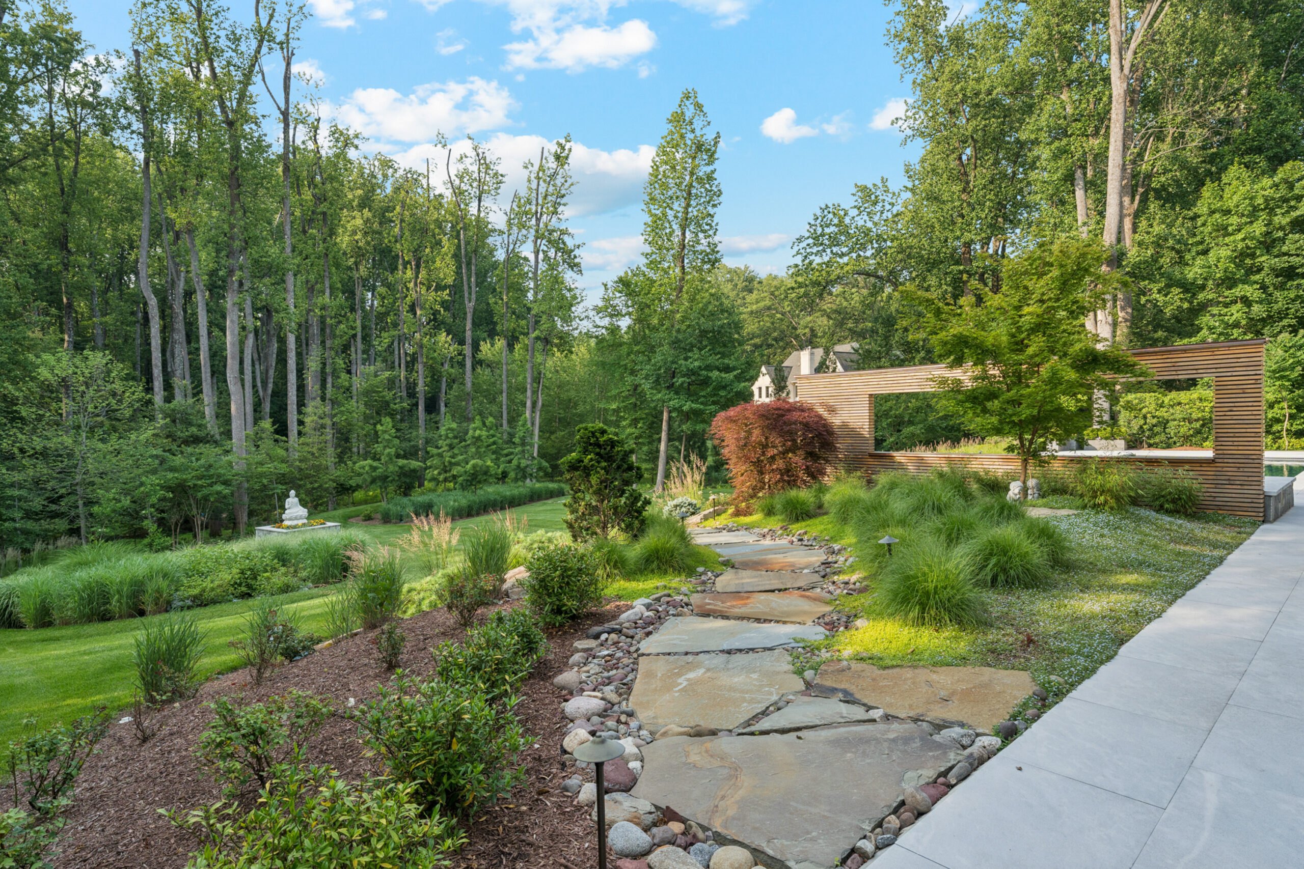 a backyard garden with a flagstone paver pathways, fresh plantings, and a custom illuminated wooden pergola